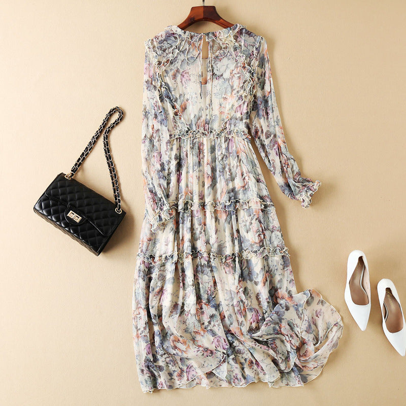 Floral Long Sleeve Silk Dress