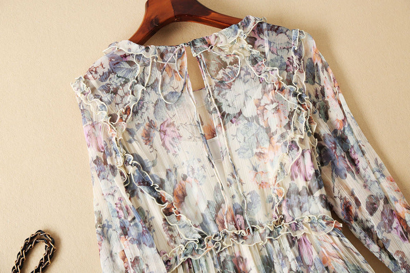 Floral Long Sleeve Silk Dress