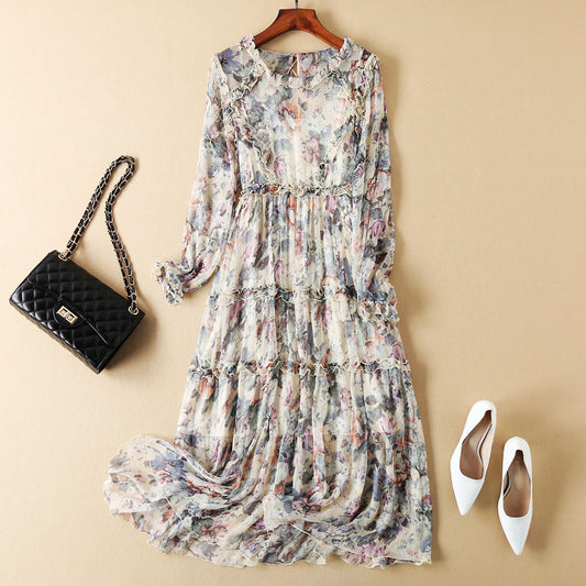 Floral Long Sleeve Silk Dress